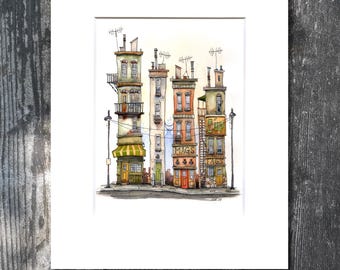 Watercolour PRINT - Gary Frederick Whimsical urban setting. 11" x 14".  Image 8" x 10" Unframed