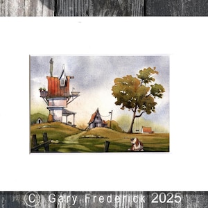 May include: Watercolour painting of a whimsical landscape featuring a unique house with a red roof, a tree with a swing, and a dog. The artwork is set against a cloudy sky and a green field.
