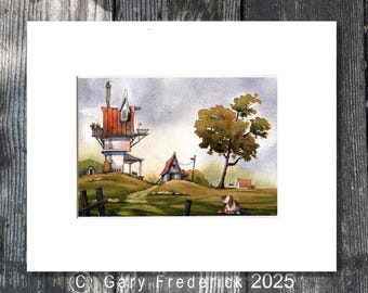 Watercolor PRINT- Gary Frederick. Line and wash.  8"x 10". Acid free mat. Unframed