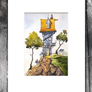 May include: Watercolour painting of a quirky, tall house with a yellow roof, stone walls, and small windows. The house is on a rocky hill with trees and an outhouse. The artwork is signed "© Gary Frederick 2025".