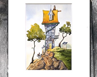 Watercolor PRINT- Gary Frederick. Line and wash.  8"x 10". Acid free mat. Unframed