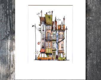 Watercolour PRINT - Gary Frederick Whimsical urban setting. 11" x 14".  Image 8" x 10" Unframed
