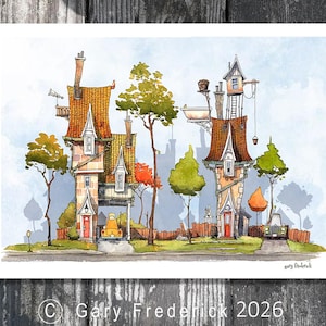 Watercolor PRINT - Gary Frederick. Line and wash.  8"x 10".  Digitally enhanced. Unframed