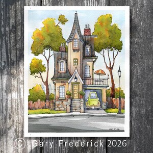 May include: Watercolour painting of a quirky house with a green car in the garage. The house has a tall, pointed roof and is surrounded by trees. The painting is signed "Gary Frederick 2026".
