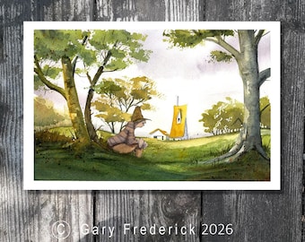 Watercolor PRINT- Gary Frederick. Line and wash. 8.5"x 5.5". Unframed
