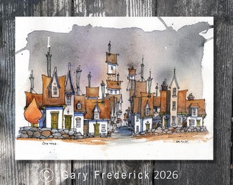 Original watercolour and ink - Gary Frederick Whimsical Urban Scene. 8.5" x 11.5". Unframed