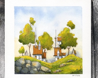ORIGINAL watercolour & ink. - Gary Frederick. Line and wash. 8" x 8" . Unframed