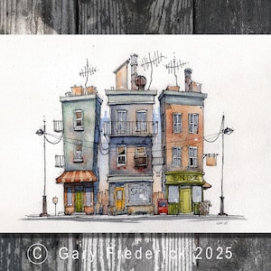 May include: Watercolour painting of three colourful buildings with aerials, balconies, and shopfronts. The buildings are in shades of blue, orange, and green, with the word "ODDS" visible on one. Streetlights and a copyright notice are also present.