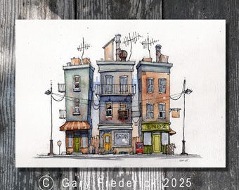 Original watercolour and ink - Gary Frederick Whimsical Urban Scene. 7" x 9.5". Unframed