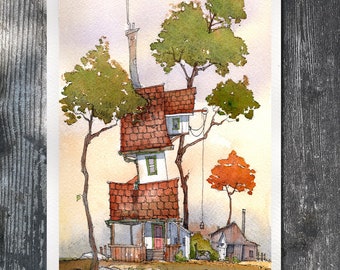 Original whimsical watercolor and ink painting. Line and wash. 6"x9". Unframed