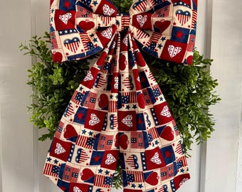 Patriotic Fabric Bow: Handmade USA Wreath Decoration, 4th of July Party Bow