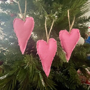 Pink Heart Christmas Ornaments, Set of 3 Hearts, Pink Christmas, Primitive Holiday Decorations