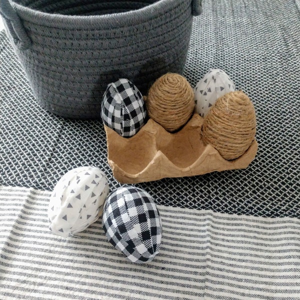 Easter Eggs, Rag Easter Eggs, Easter Decor, Easter Tiered Tray Decor, Buffalo Check Easter Eggs, Farmhouse Eggs, Set of 6 Eggs and Carton