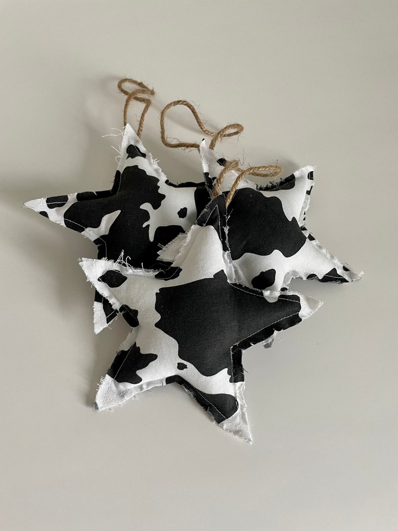 Cow Print Christmas Ornaments, Set of 3 Cow Stars, Black and White ...