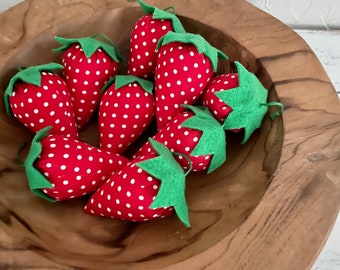 Strawberry Tiered Tray Decor, Set of 3 Strawberries, Fabric Strawberries, Farmhouse Summer Decor, Strawberry Bowl Filler