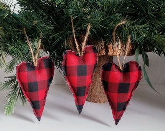 Primitive Christmas Heart Ornaments, Set of 3 Holiday Ornaments, Christmas Decor, Red Buffalo Check Hearts