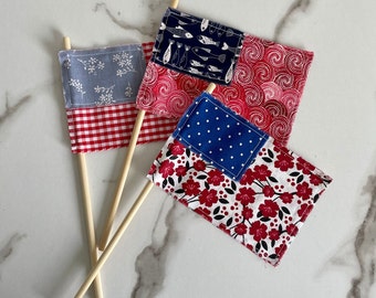 3 Small Flags, USA Fabric Flag Set, Patriotic Tiered Tray, Plant Pokes, Summer Decor
