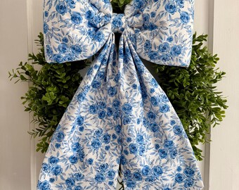Blue Floral Bow: Large Fabric Wreath Door Hanger, Grandma Core Decoration