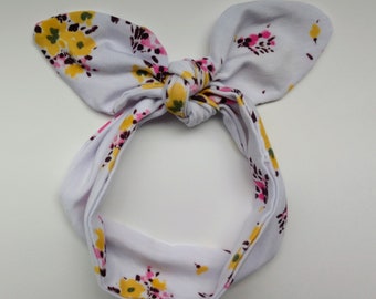 Baby Headband, Knotted Baby Headband, Baby Girl, Baby Gift, White Baby Headband, Pink Flowers Headband, Yellow Flowers Headband