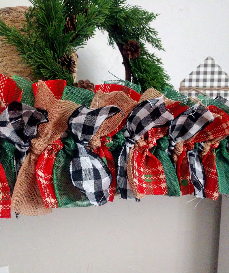 Christmas Rag Tie Garland Farmhouse Banner Buffalo Plaid image 1