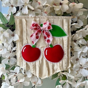 Cherry Linen Banner: Rag Style Bow, Summer Kitchen Decor