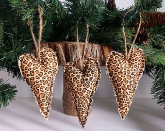 Leopard Primitive Christmas Heart Ornaments, Set of 3 Holiday Ornaments, Christmas Decor, Leopard Hearts