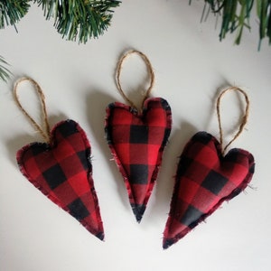 Valentine&#39;s Day Heart Ornaments, Set of 3 Hearts, Red Black Buffalo Check Primitive Hearts