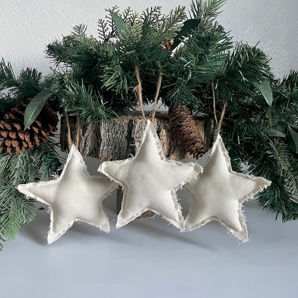 Christmas Linen Stars, Neutral Tree Ornaments, White Christmas Decorations, Set of 3 Hanging Stars