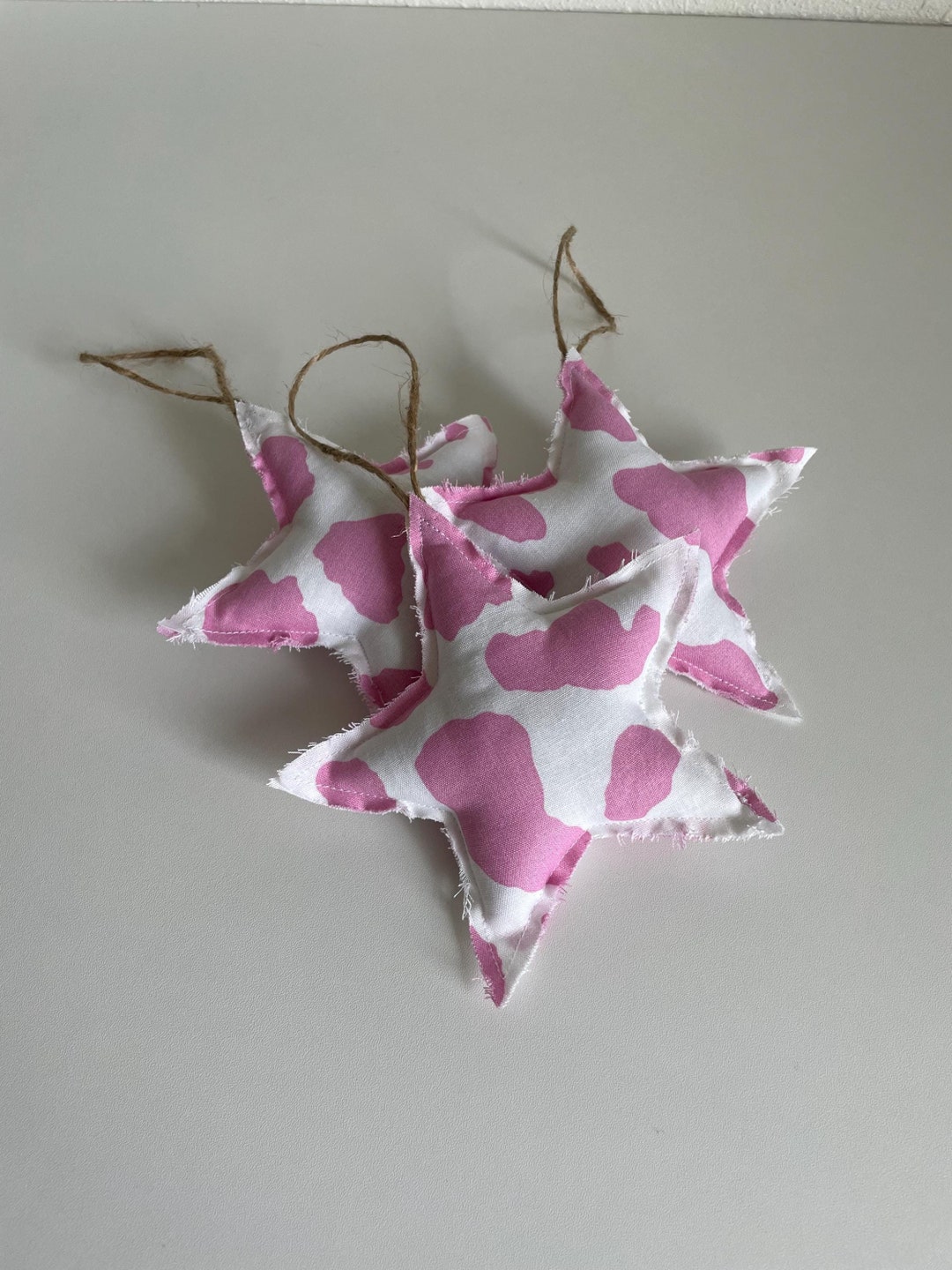 Pink Cow Print Star Ornaments: Set of 3 Primitive Hanging Decorations ...