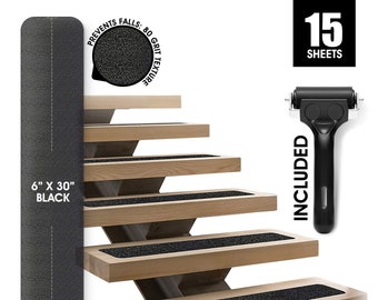 Black Anti Slip Stairs Tread Grip Tape | 6" x 30" | (15 Pcs)-Easy Install Roller Included