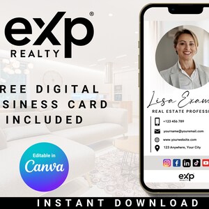 K&ouml;nnte beinhalten: Eine digitale Visitenkartenvorlage f&uuml;r einen Immobilienfachmann. Die Vorlage zeigt ein Foto einer Frau, ihren Namen, ihren Titel, ihre Kontaktinformationen und Social-Media-Symbole. Die Vorlage ist in Canva bearbeitbar und enth&auml;lt das Logo von exp Realty.