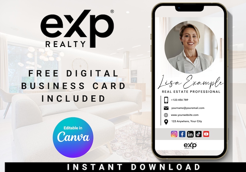 K&ouml;nnte beinhalten: Eine digitale Visitenkartenvorlage f&uuml;r einen Immobilienfachmann. Die Vorlage zeigt ein Foto einer Frau, ihren Namen, ihren Titel, ihre Kontaktinformationen und Social-Media-Symbole. Die Vorlage ist in Canva bearbeitbar und enth&auml;lt das Logo von exp Realty.