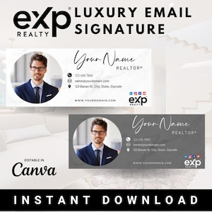 May include: A digital email signature template for real estate agents. The template features a marble background, a headshot of a person, contact information, and the EXP Realty logo.