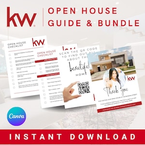 May include: A collection of real estate open house guides and checklists. The documents include a checklist, a guide, and a thank you card. The documents have the KW logo and the text "Open House Guide & Bundle". The bundle is an instant download.