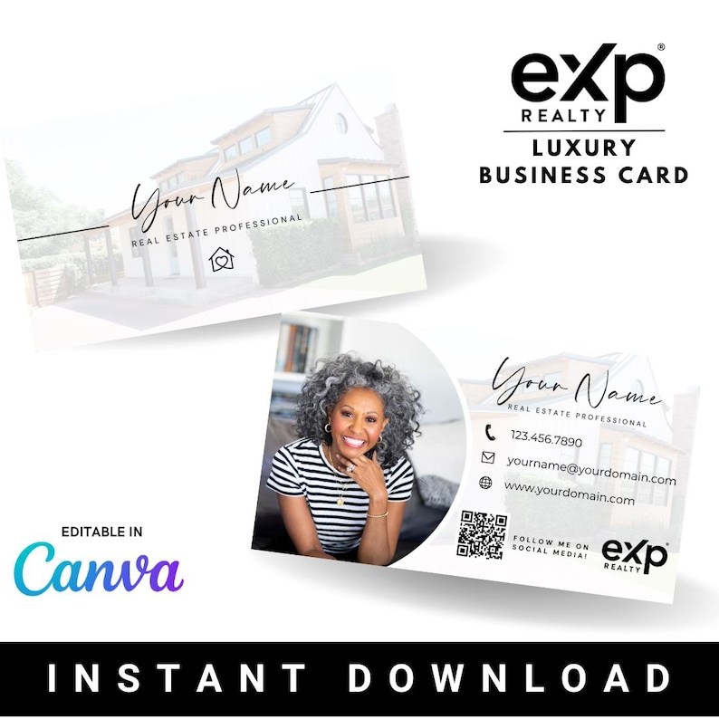 K&ouml;nnte beinhalten: Eine wei&szlig;e und schwarze Visitenkarte mit einem Foto einer Frau mit grauem Haar. Die Karte tr&auml;gt den Text "Your Name" und "Real Estate Professional". Die Karte tr&auml;gt auch den Text "exp Realty" und "Luxury Business Card".