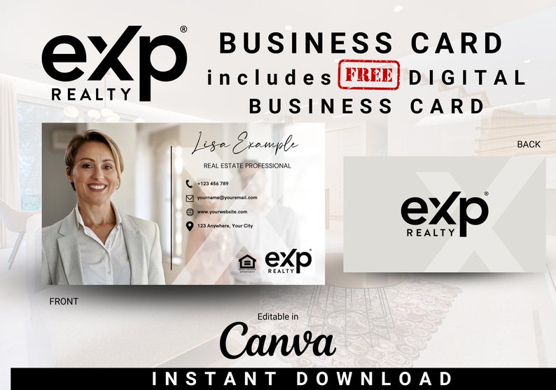 K&ouml;nnte beinhalten: Eine digitale Visitenkartenvorlage f&uuml;r Immobilienfachleute. Die Vorderseite der Karte zeigt ein Foto einer Frau und das Logo von "exp Realty". Die R&uuml;ckseite der Karte zeigt das Logo von "exp Realty". Der Text "Editable in Canva" und "Instant Download" ist ebenfalls enthalten.
