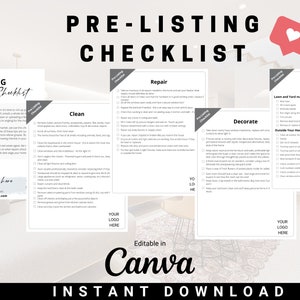 May include: A checklist for preparing a home for sale. The checklist is divided into four sections: Clean, Repair, Decorate, and Curb Appeal. Each section has a list of tasks to complete, such as cleaning the house, fixing any repairs, decorating the home, and improving the curb appeal. The checklist is editable in Canva and is available for instant download. The checklist is designed to help homeowners prepare their home for sale and get the best possible price.