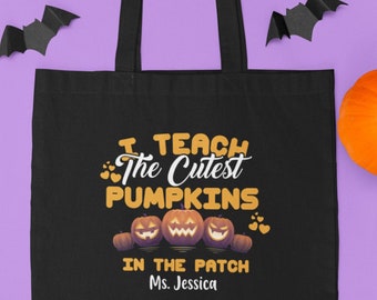 Ich lehre die süßesten Kürbisse im Aufnäher Personalisierte Herbst Halloween Lehrer Tragetasche Eco Bio-Baumwolle Halloween Lehrer Geschenk Herbst Dekor