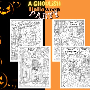 Halloween Coloring Sheets For Adults A Ghoulish Halloween Party Coloring Pages Digital Print Instant Download Printables, 4 Sheets