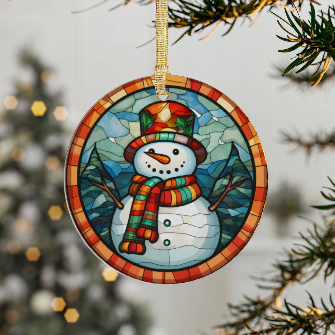 Snowman Stained Glass Ornament | Whimsical Snowman Acrylic Christmas ...