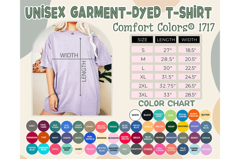 Pode incluir: Uma camiseta unissex tingida em pe&ccedil;a de cor lil&aacute;s claro. A camiseta &eacute; mostrada em uma modelo. A imagem inclui uma tabela de tamanhos com medidas em polegadas. A tabela de tamanhos inclui os seguintes tamanhos: S, M, L, XL, 2XL e 3XL. A imagem tamb&eacute;m inclui uma tabela de cores com uma variedade de cores.