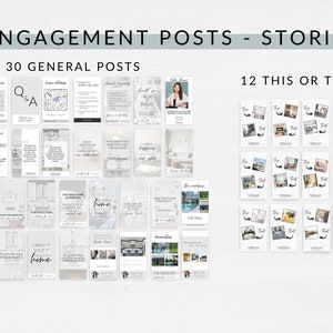 K&ouml;nnte beinhalten: Eine Sammlung von 42 Social-Media-Post- und Story-Vorlagen f&uuml;r Immobilienmakler. Die Vorlagen sind wei&szlig; mit schwarzem Text und Bildern. Die Vorlagen enthalten S&auml;tze wie "Tr&auml;ume es, baue es, Zuhause", "Das neue Zuhause-Erlebnis" und "Welche Fragen stellst du dir beim Bau eines neuen Hauses?"