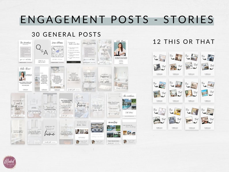 K&ouml;nnte beinhalten: Eine Sammlung von 42 Social-Media-Post- und Story-Vorlagen f&uuml;r Immobilienmakler. Die Vorlagen sind wei&szlig; mit schwarzem Text und Bildern. Die Vorlagen enthalten S&auml;tze wie "Tr&auml;ume es, baue es, Zuhause", "Das neue Zuhause-Erlebnis" und "Welche Fragen stellst du dir beim Bau eines neuen Hauses?"