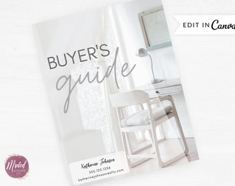 May include: A white and gray brochure titled "BUYER'S guide" with the text "EDIT IN Canva". The brochure features a blurred interior scene with a chair, desk, and lamp. The bottom of the brochure has contact information.