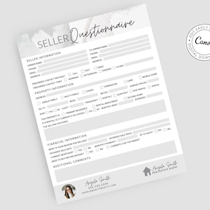 Seller Questionnaire, Seller Survey Questionnaire, Real Estate Marketing, Realtor Canva Template, Realtor Seller Questionnaire, Seller Flyer