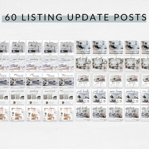K&ouml;nnte beinhalten: Eine Collage aus 60 Social-Media-Post-Vorlagen f&uuml;r Immobilienmakler. Die Vorlagen zeigen verschiedene Bilder von H&auml;usern und Text&uuml;berlagerungen wie "Just Built", "Just Sold", "Open House", "Pending", "New Home" und "New Construction".