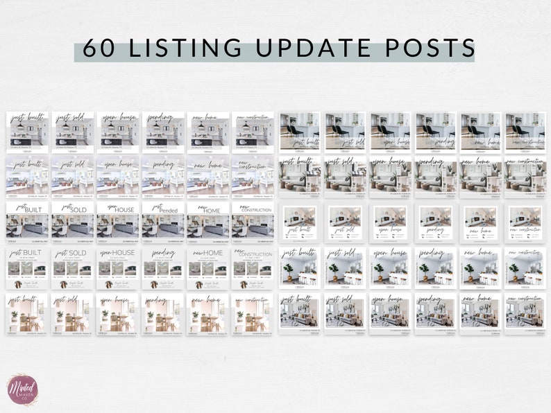 K&ouml;nnte beinhalten: Eine Collage aus 60 Social-Media-Post-Vorlagen f&uuml;r Immobilienmakler. Die Vorlagen zeigen verschiedene Bilder von H&auml;usern und Text&uuml;berlagerungen wie "Just Built", "Just Sold", "Open House", "Pending", "New Home" und "New Construction".