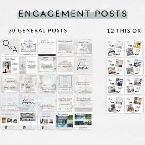 K&ouml;nnte beinhalten: Eine Collage aus 42 Social-Media-Post-Ideen f&uuml;r Immobilienmakler. Die Posts zeigen Bilder von H&auml;usern, Text und Fragen, um Follower zu binden. Der Text enth&auml;lt S&auml;tze wie "Tr&auml;ume es, baue es, Zuhause", "Gl&uuml;ck ist Immobilien" und "Lass uns ein Zuhause finden".