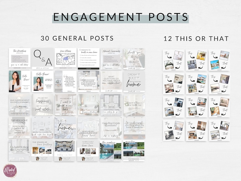 K&ouml;nnte beinhalten: Eine Collage aus 42 Social-Media-Post-Ideen f&uuml;r Immobilienmakler. Die Posts zeigen Bilder von H&auml;usern, Text und Fragen, um Follower zu binden. Der Text enth&auml;lt S&auml;tze wie "Tr&auml;ume es, baue es, Zuhause", "Gl&uuml;ck ist Immobilien" und "Lass uns ein Zuhause finden".