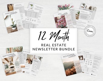 REAL ESTATE NEWSLETTER Template Bundle, 12 Month Real Estate Newsletter, Monthly Real Estate Newsletter, Newsletter Bundle Printable